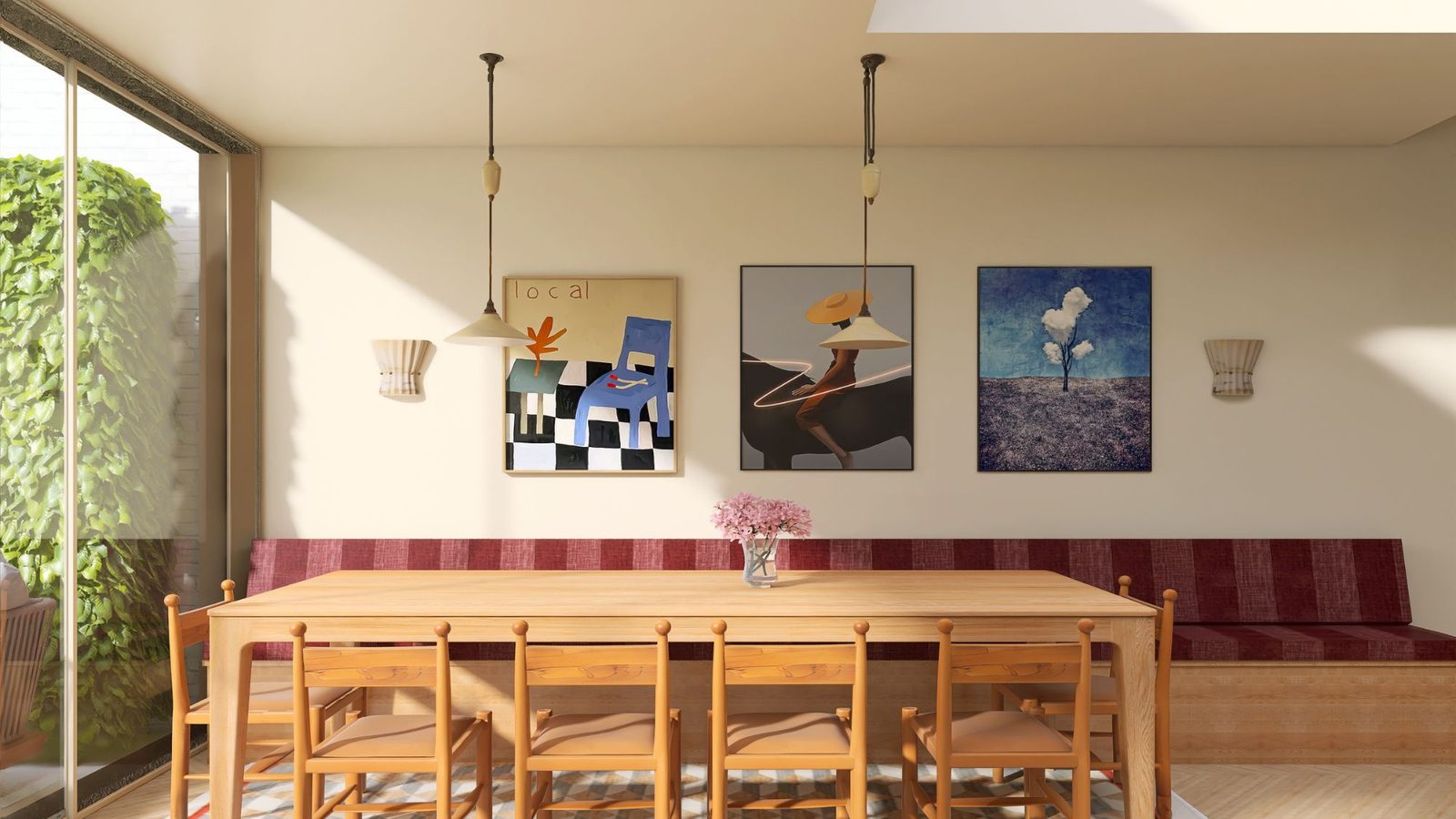 3D render of a dining space with a banquette, oak table and artwork, from the Vision stage